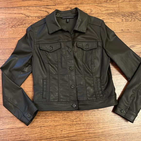 WHBM White House Black Coated Cropped Denim Jacket, Olive Green, Size 4 - Picture 2 of 8